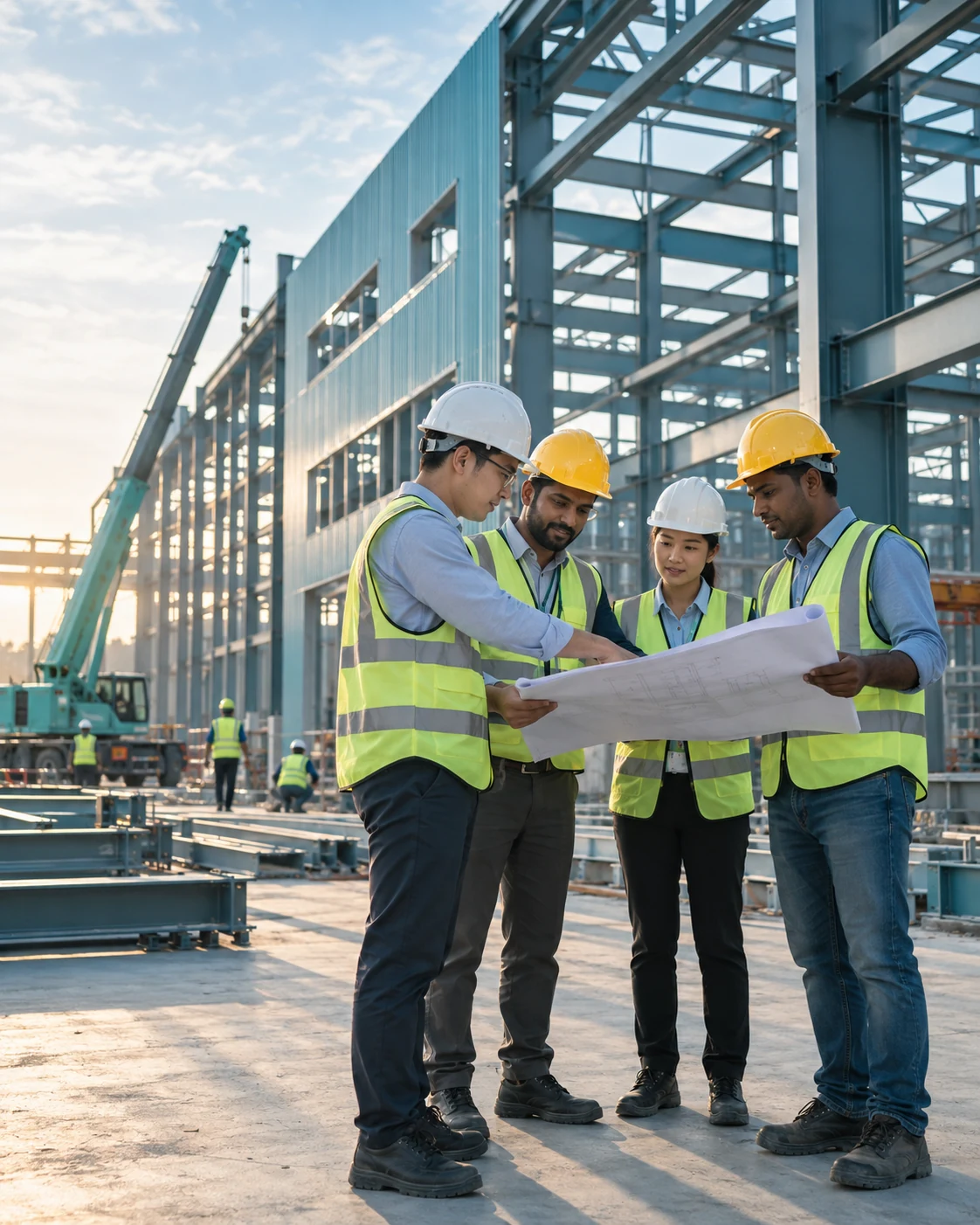 International engineering team collaborating at a steel structure project site
